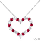 1/2 ctw Open Heart 2.3 MM Round Cut Ruby and Round Cut Diamond Precious Fashion Pendant With Chain in 14K White Gold