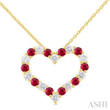 1/2 ctw Open Heart 2.3 MM Round Cut Ruby and Round Cut Diamond Precious  Fashion Pendant With Chain in 14K Yellow Gold
