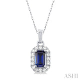 1/20 ctw Round Cut Diamond and 5X3MM Octagonal Shape Sapphire Halo Precious Pendant with Chain in 10K White Gold