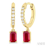 1/8 ctw Petite 5X3MM Ruby Drop and Round Cut Diamond Precious Fashion Huggies in 10K Yellow Gold