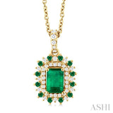 1/5 Ctw Floral 6X4 MM Emerald & 1.55 MM Round Cut Emerald and Round Cut Diamond Precious Pendant With Chain in 14K Yellow Gold