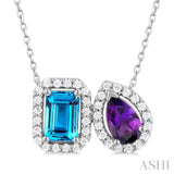 1/5 ctw Toi Et Moi 6X4 MM Emerald Cut Blue Topaz and Pear Cut Amethyst & Round Cut Diamond Halo Fashion Pendant With Chain in 14K White Gold