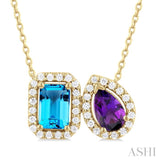 1/5 ctw Toi Et Moi 6X4 MM Emerald Cut Blue Topaz and Pear Cut Amethyst & Round Cut Diamond Halo Fashion Pendant With Chain in 14K Yellow Gold