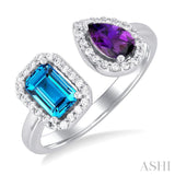 1/5 ctw Open Toi Et Moi 6X4 MM Emerald Cut Blue Topaz and Pear Cut Amethyst & Round Cut Diamond Halo Fashion Ring in 14K White Gold