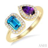1/5 ctw Open Toi Et Moi 6X4 MM Emerald Cut Blue Topaz and Pear Cut Amethyst & Round Cut Diamond Halo Fashion Ring in 14K Yellow Gold
