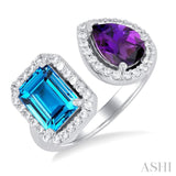 1/3 ctw Open Toi Et Moi 8X6 MM Emerald Cut Blue Topaz and Pear Cut Amethyst & Round Cut Diamond Halo Fashion Ring in 14K White Gold