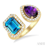 1/3 ctw Open Toi Et Moi 8X6 MM Emerald Cut Blue Topaz and Pear Cut Amethyst & Round Cut Diamond Halo Fashion Ring in 14K Yellow Gold