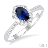 1/5 ctw Hexagon Shape 6X4MM Oval Cut Sapphire & Baguette and Round Cut Diamond Halo Precious Ring in 10K White Gold