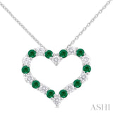 1/2 ctw Open Heart 2.3 MM Round Cut Emerald and Round Cut Diamond Precious  Fashion Pendant With Chain in 14K White Gold