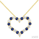 1/2 ctw Open Heart 2.3 MM Round Cut Sapphire and Round Cut Diamond Precious  Fashion Pendant With Chain in 14K Yellow Gold