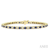 1 1/2 ctw Square Box Link 2.5MM Sapphire and Round Cut Diamond Precious Tennis Bracelet in 14K Yellow Gold